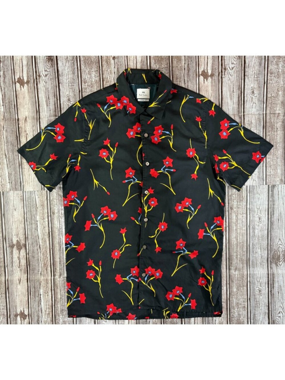 Paul Smith Casual Fit Camp Loop Collar Floral Shirt size S color black red